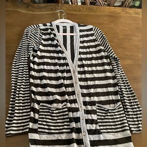 Three Dots Brown and Light Gray Striped Cardigan.Made in USA
